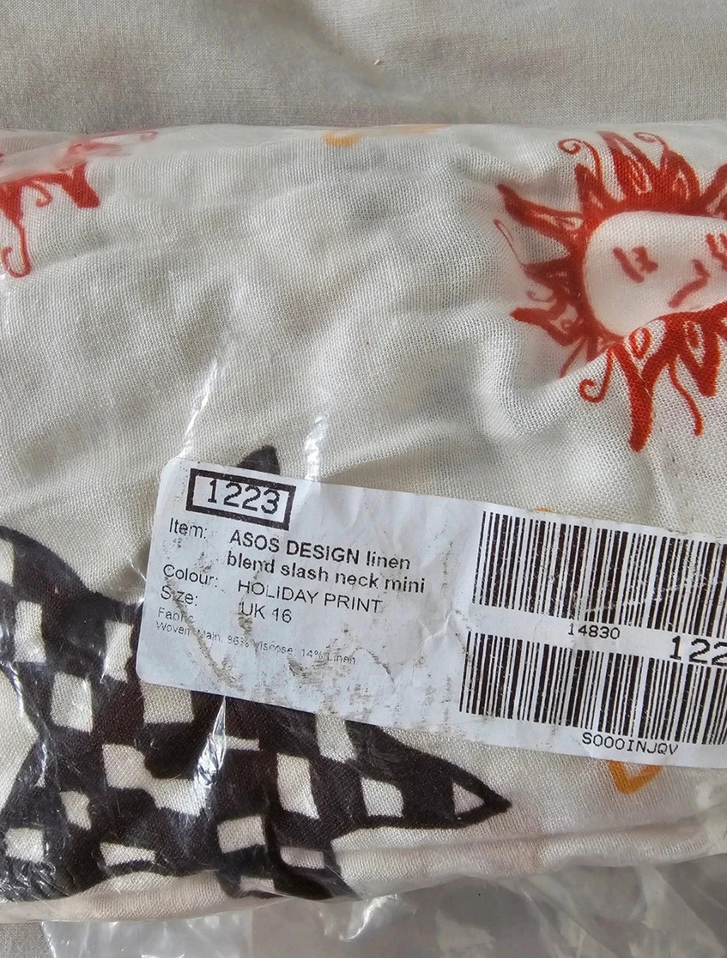 Asos linen blend slash neck mini dress women holiday print belted sleeveless white 2XL/16