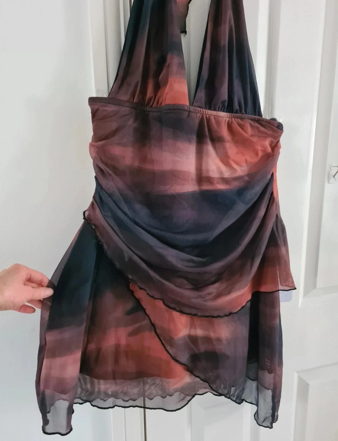 Shein curve ombre A-line asymmetrical halterneck tie mini dress women mesh V-neck brown 2XL/16