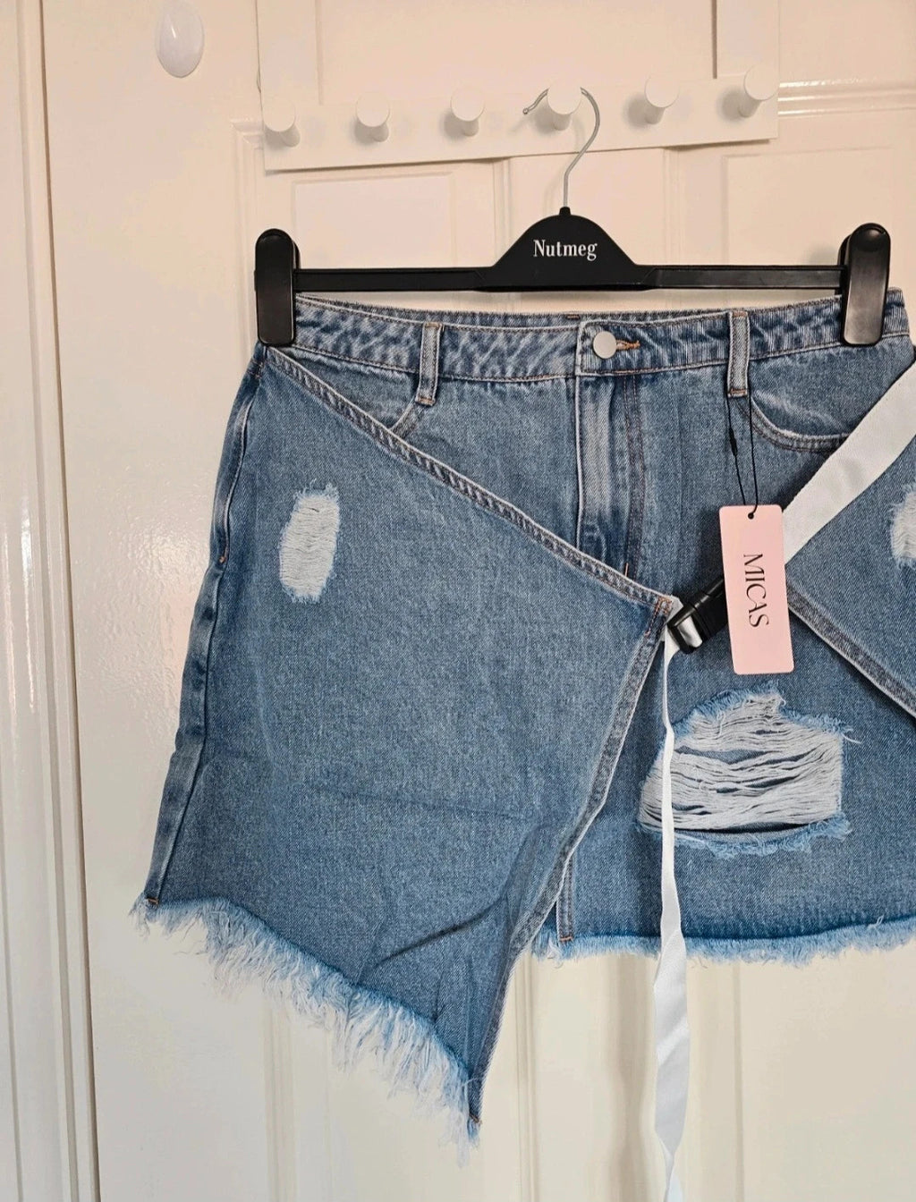 Micas denim asymmetrical ripped frayed mini skirt women belted light wash blue summer party L/12