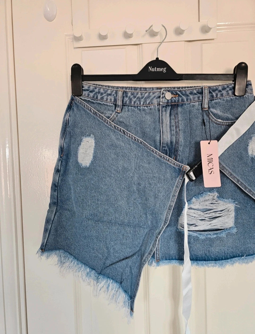 Micas denim asymmetrical ripped frayed mini skirt women belted light wash blue summer party L/12