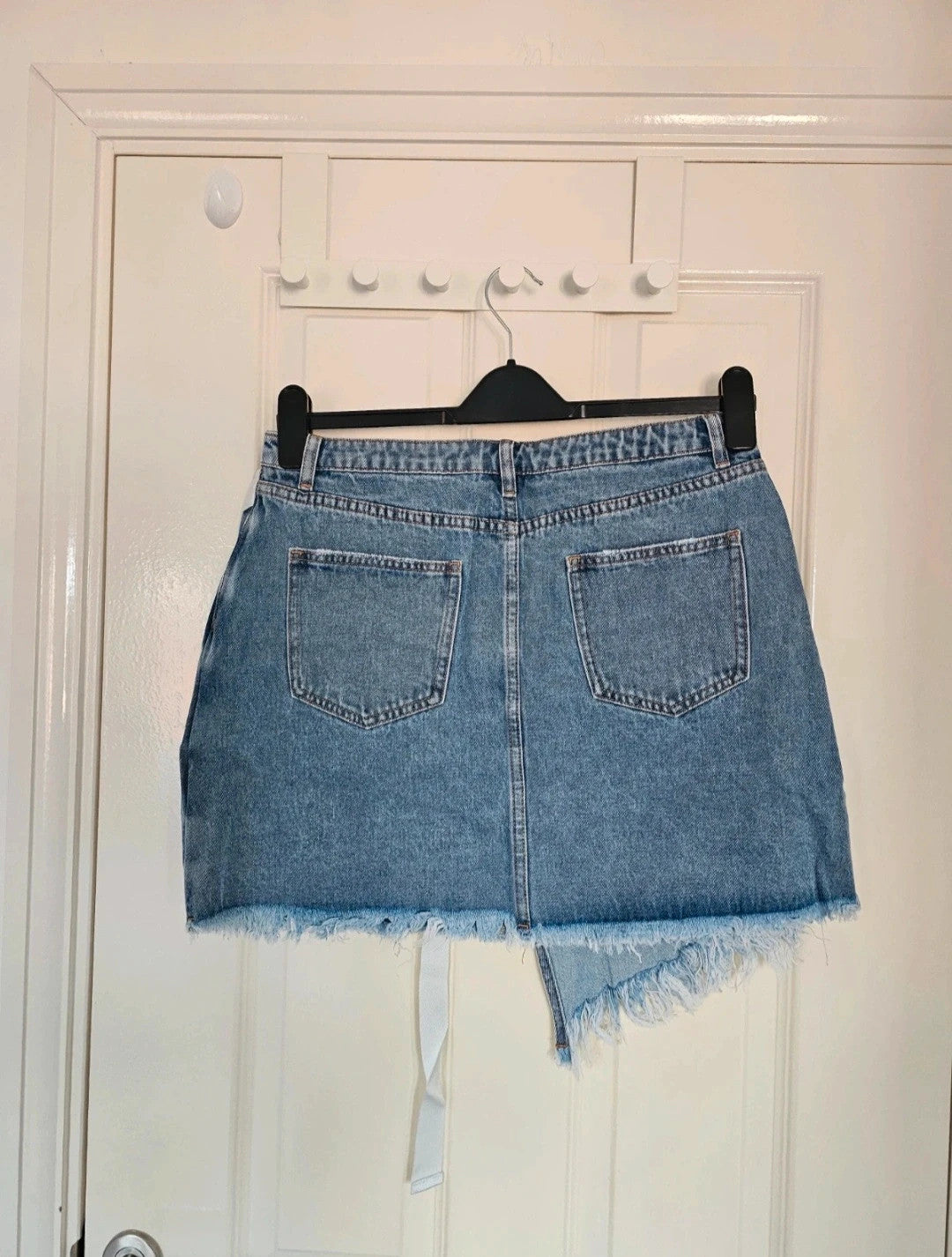 Micas denim asymmetrical ripped frayed mini skirt women belted light wash blue summer party L/12