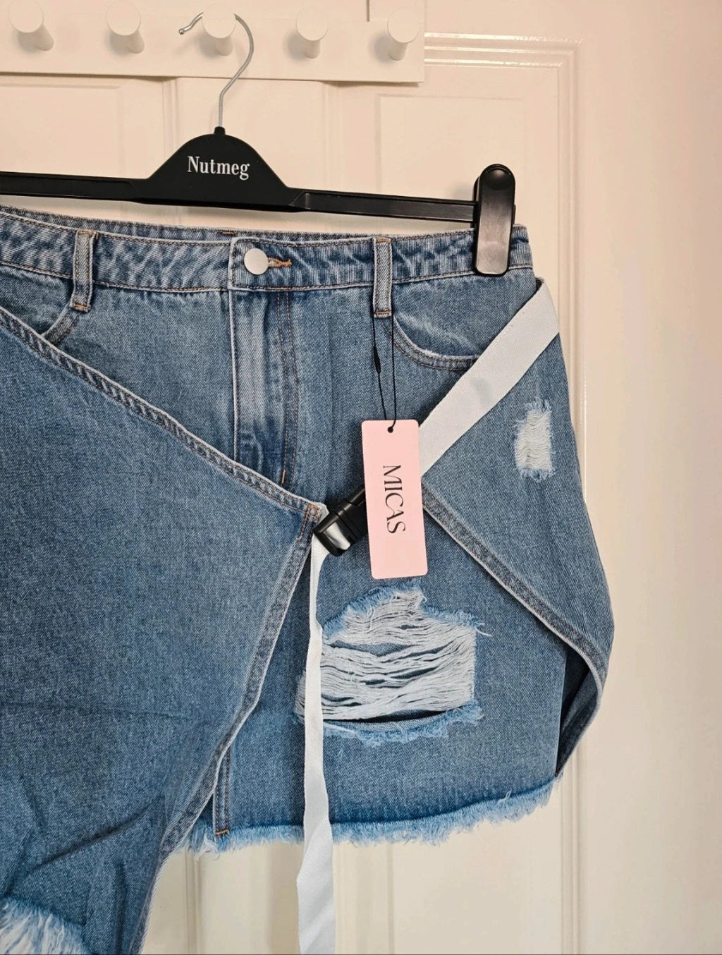 Micas denim asymmetrical ripped frayed mini skirt women belted light wash blue summer party L/12