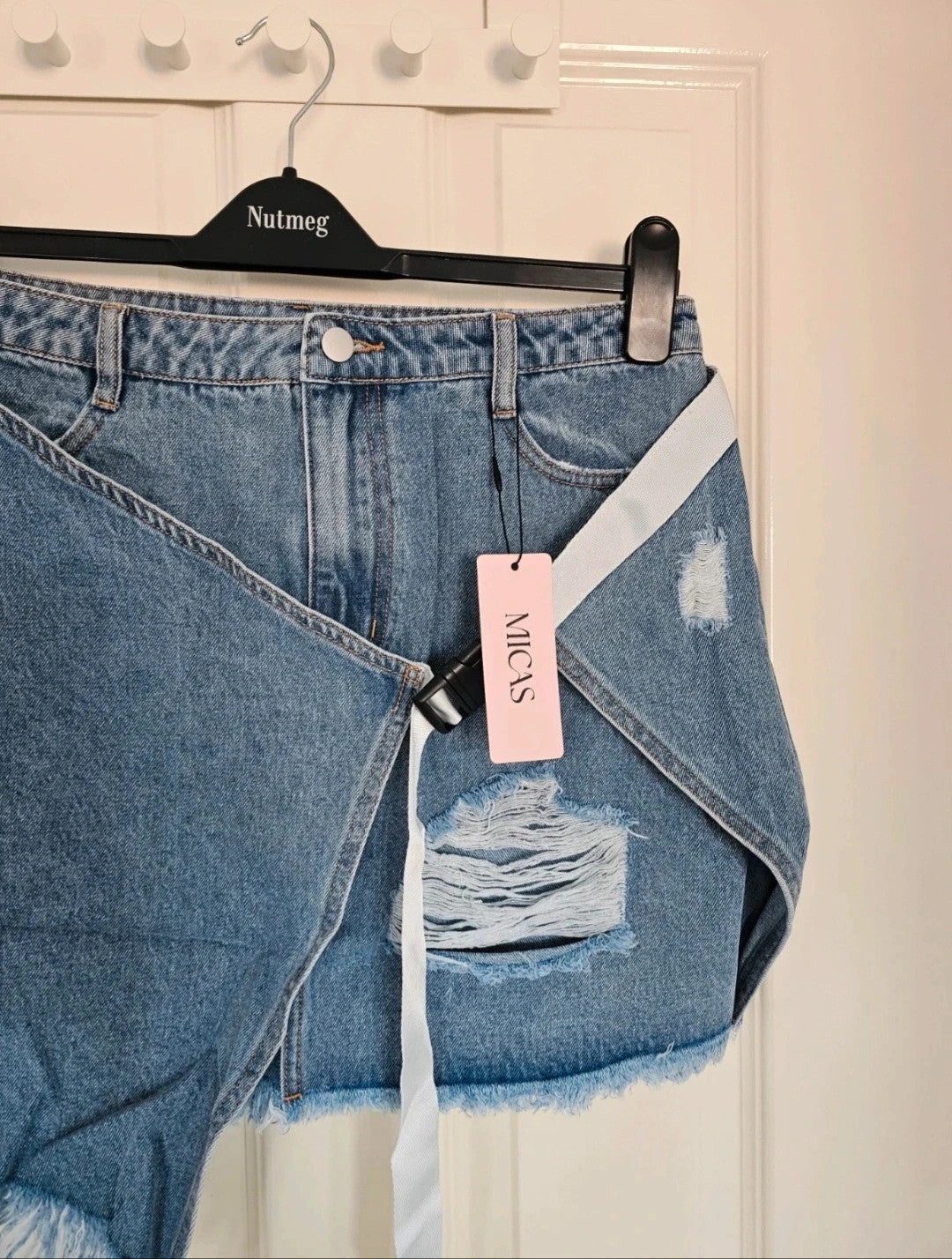 Micas denim asymmetrical ripped frayed mini skirt women belted light wash blue summer party L/12
