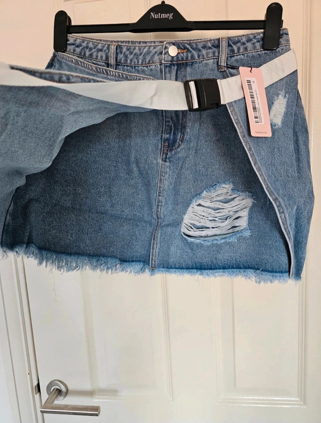 Micas denim asymmetrical ripped frayed mini skirt women belted light wash blue summer party L/12