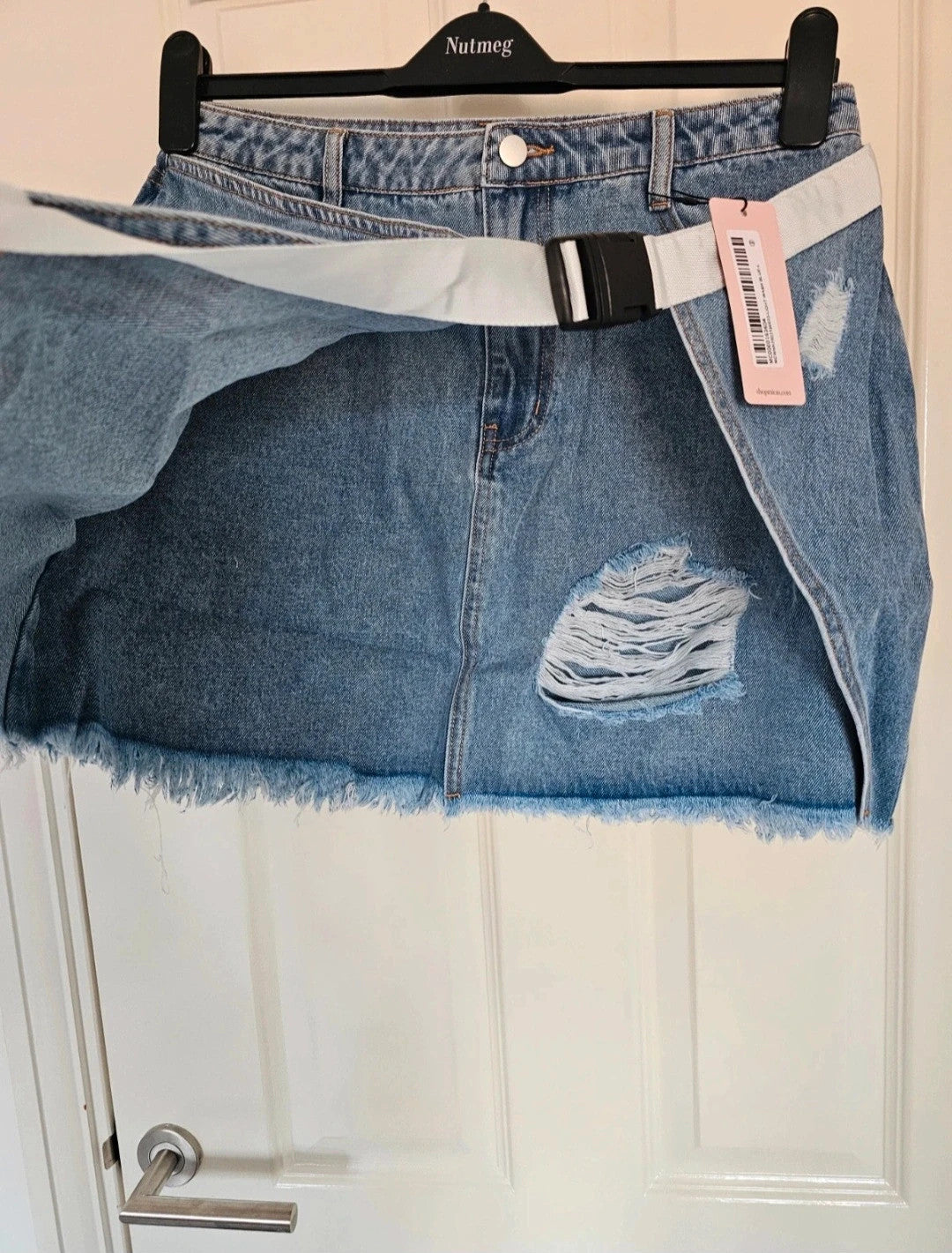 Micas denim asymmetrical ripped frayed mini skirt women belted light wash blue summer party L/12