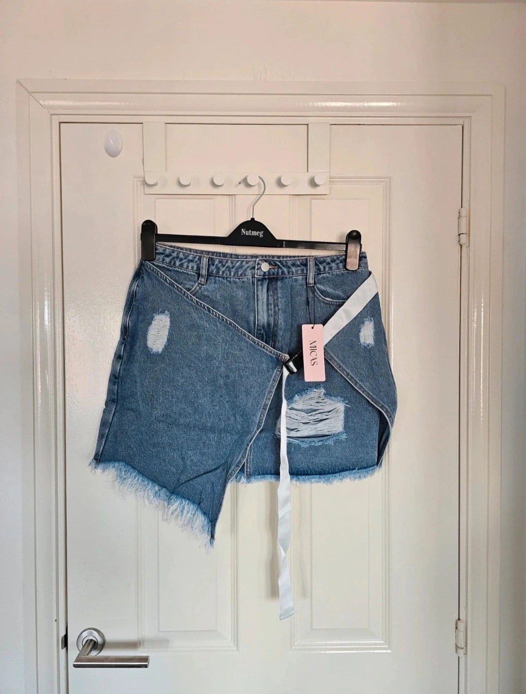Micas denim asymmetrical ripped frayed mini skirt women belted light wash blue summer party L/12