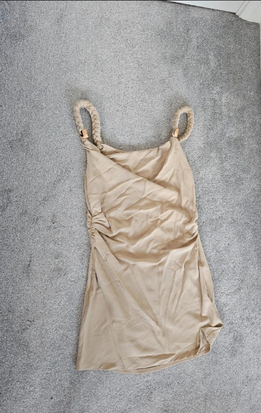 Micas knot twist straps sleeveless mini dress women ruched zip side party night out dress beige L/12