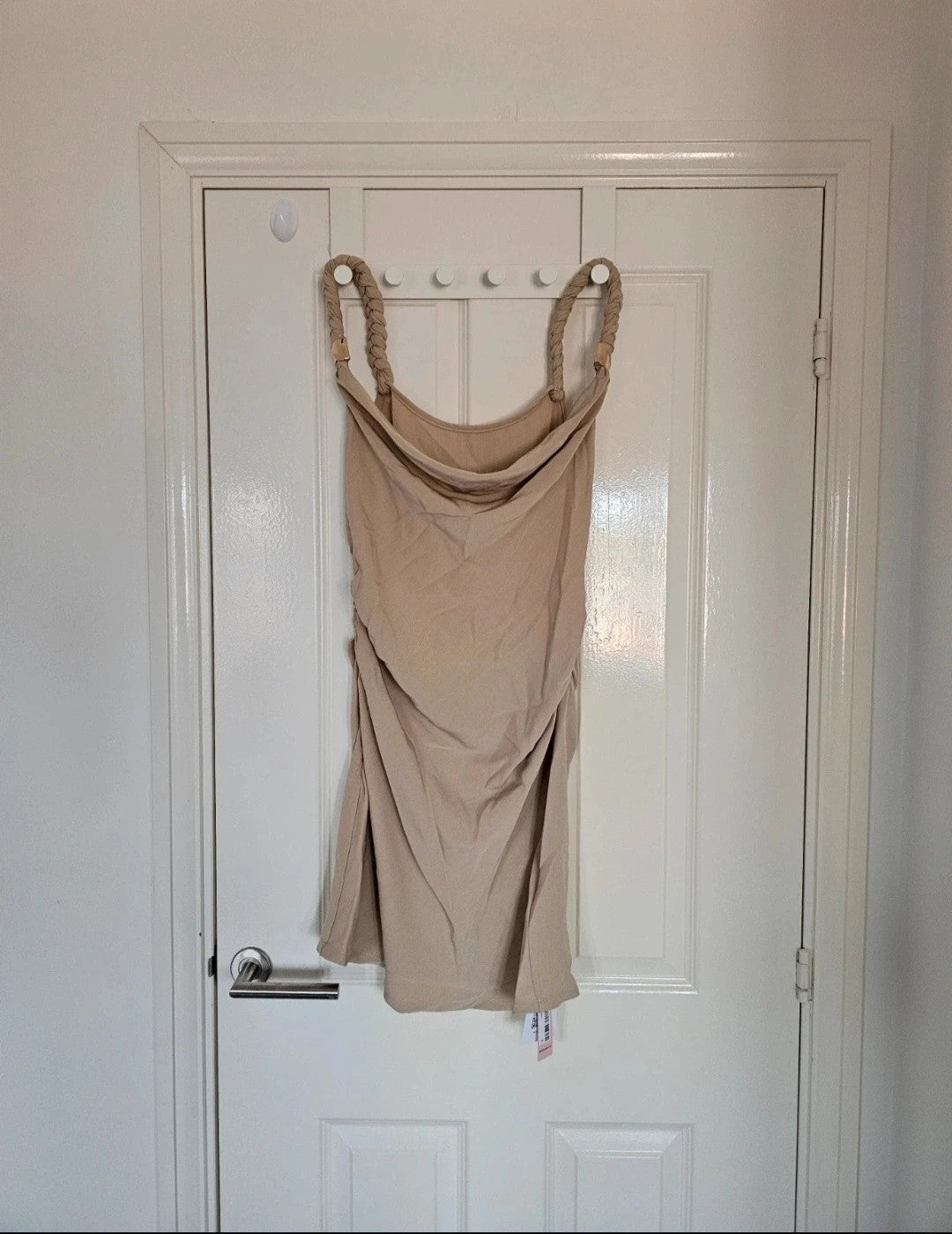 Micas knot twist straps sleeveless mini dress women ruched zip side party night out dress beige L/12