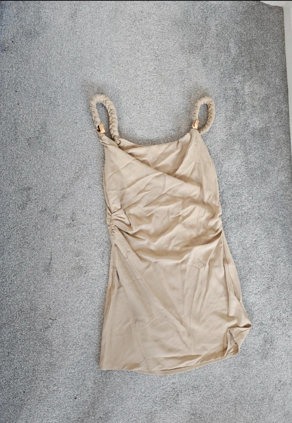 Micas knot twist straps sleeveless mini dress women ruched zip side party night out dress beige L/12