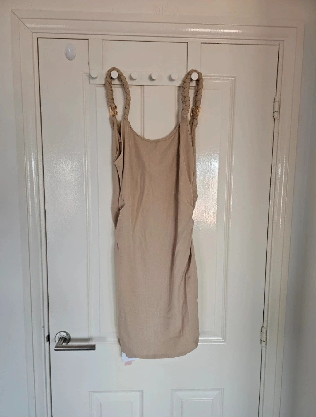Micas knot twist straps sleeveless mini dress women ruched zip side party night out dress beige L/12