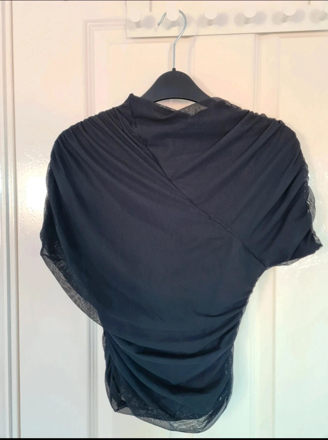 Ego women black wrap details short sleeve fitted top ruched mesh high neck party outfit 
S/8