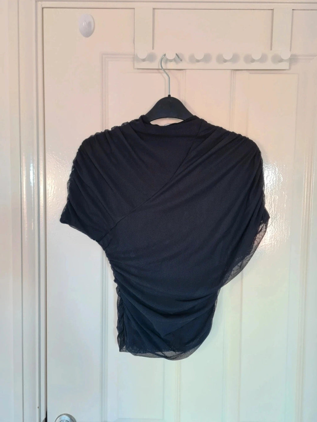 Ego women black wrap details short sleeve fitted top ruched mesh high neck party outfit 
S/8