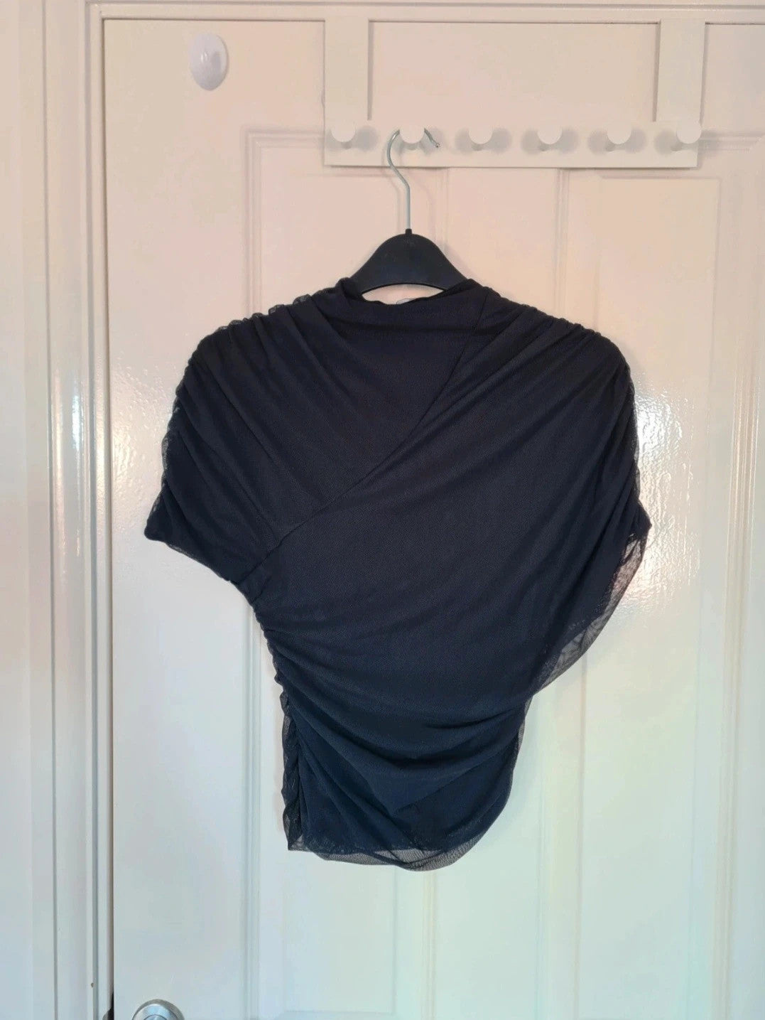 Ego women black wrap details short sleeve fitted top ruched mesh high neck party outfit 
S/8
