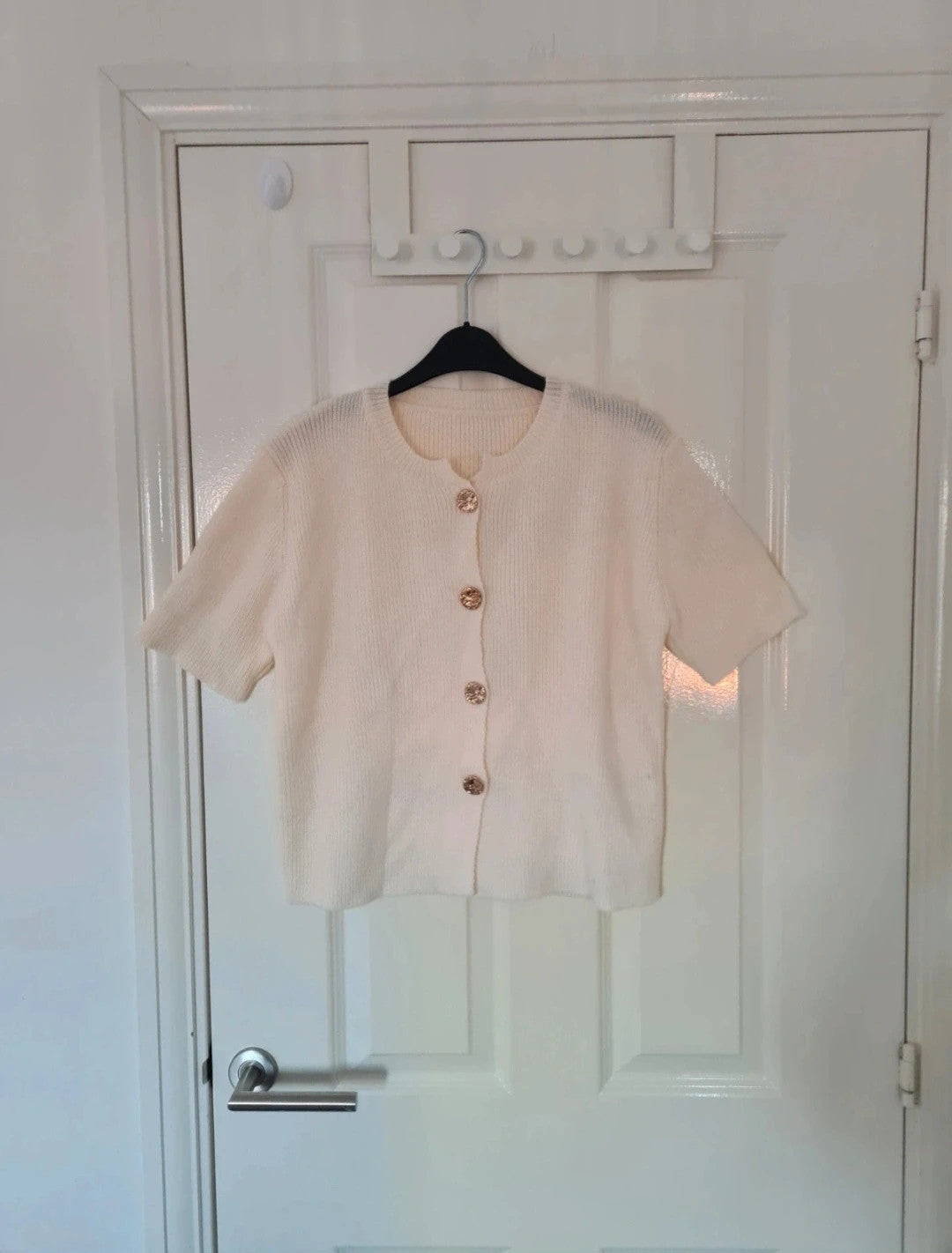 Generic women cream short sleeve cardigan french style knitted sweater top buttons casual XL/14