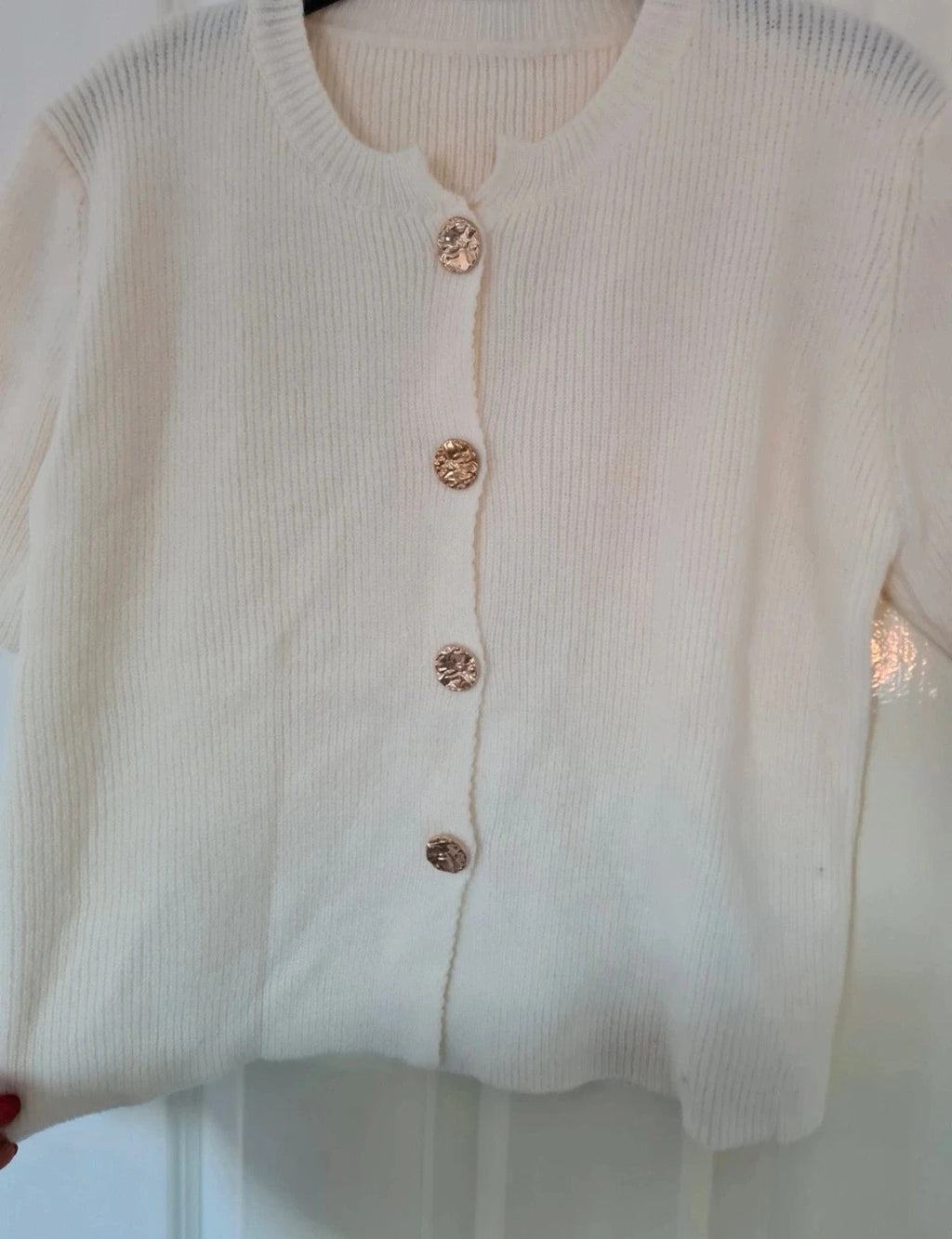 Generic women cream short sleeve cardigan french style knitted sweater top buttons casual XL/14