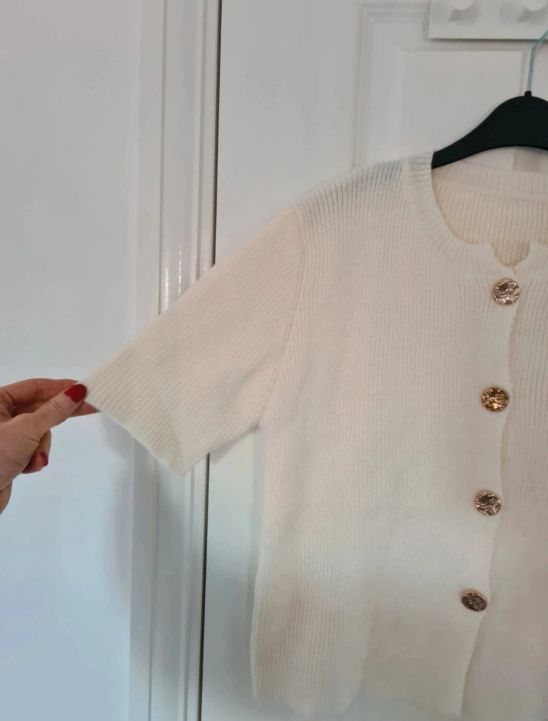 Generic women cream short sleeve cardigan french style knitted sweater top buttons casual XL/14