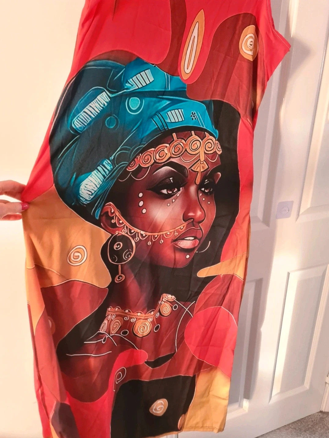 Shein women red abstract long dress African beauty women sleeveless V-neck casual holiday XL/14