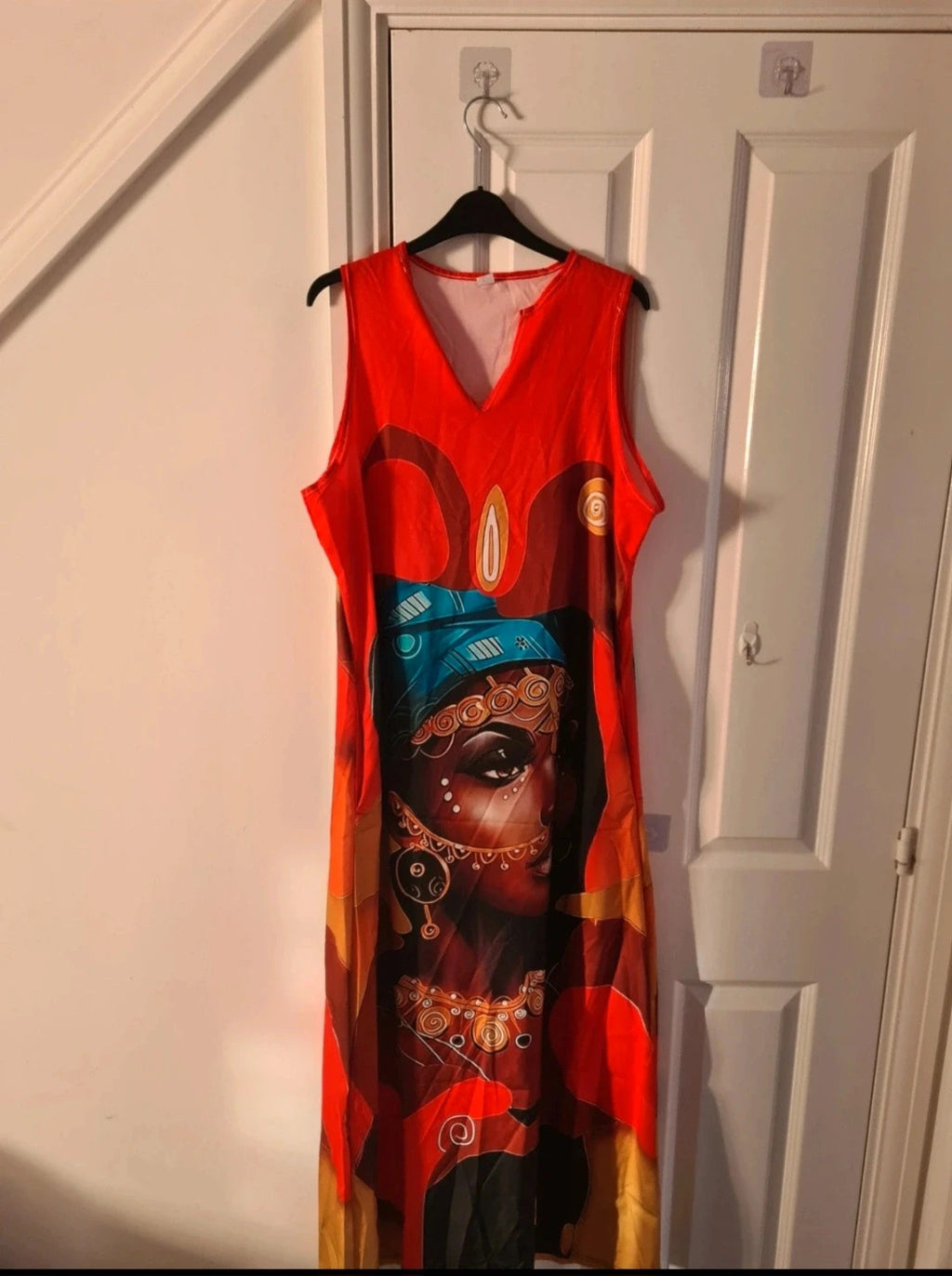 Shein women red abstract long dress African beauty women sleeveless V-neck casual holiday XL/14