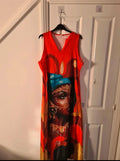 Shein women red abstract long dress African beauty women sleeveless V-neck casual holiday XL/14