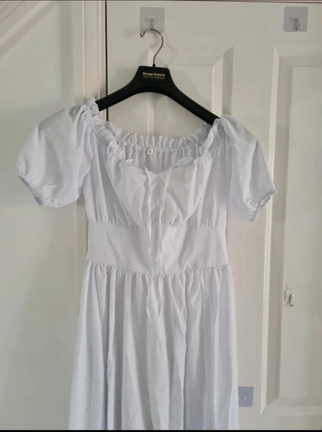 Shein women white midi dress drawstring split hem puff sleeve square neck holiday beach L/12