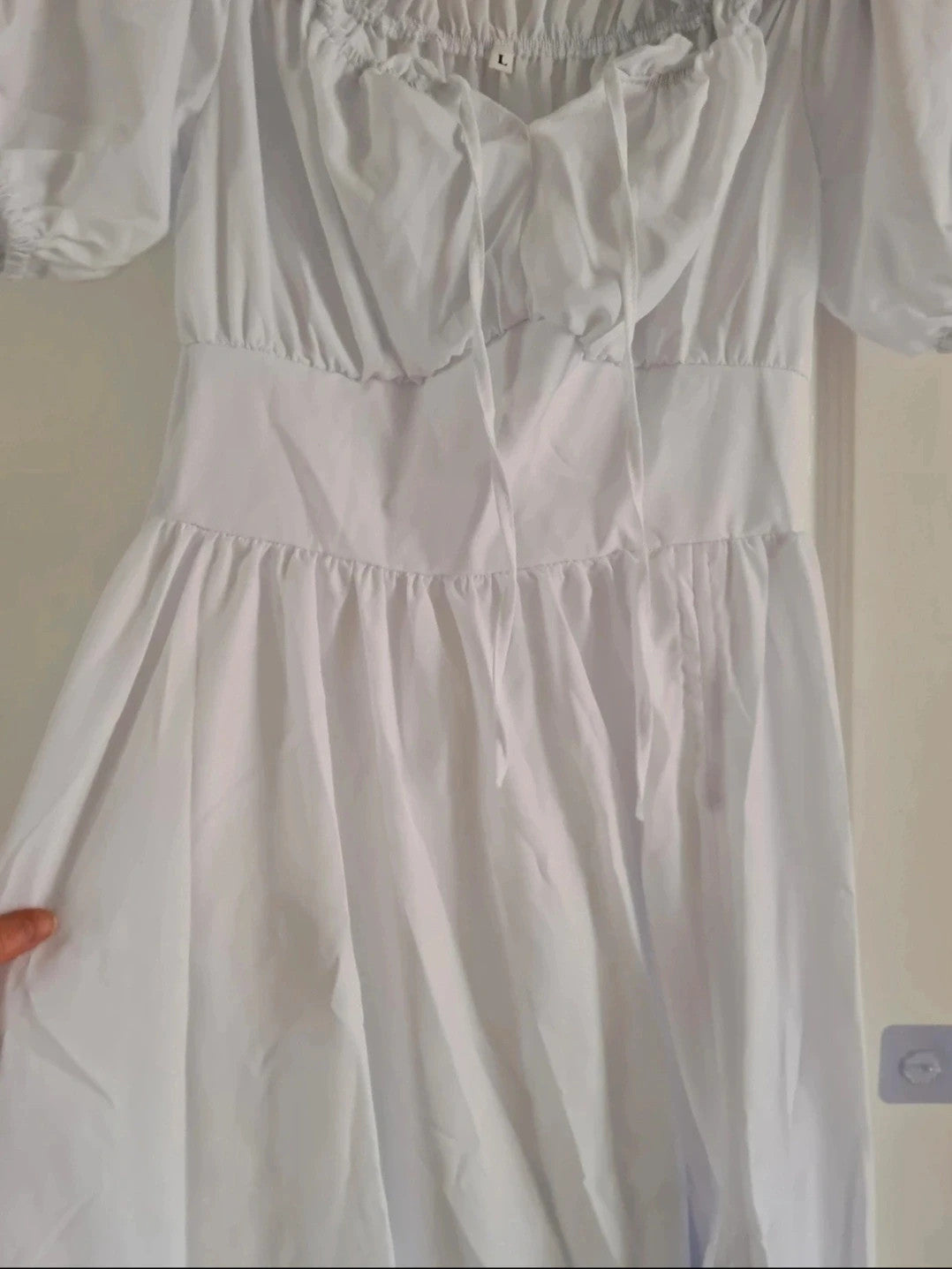 Shein women white midi dress drawstring split hem puff sleeve square neck holiday beach L/12