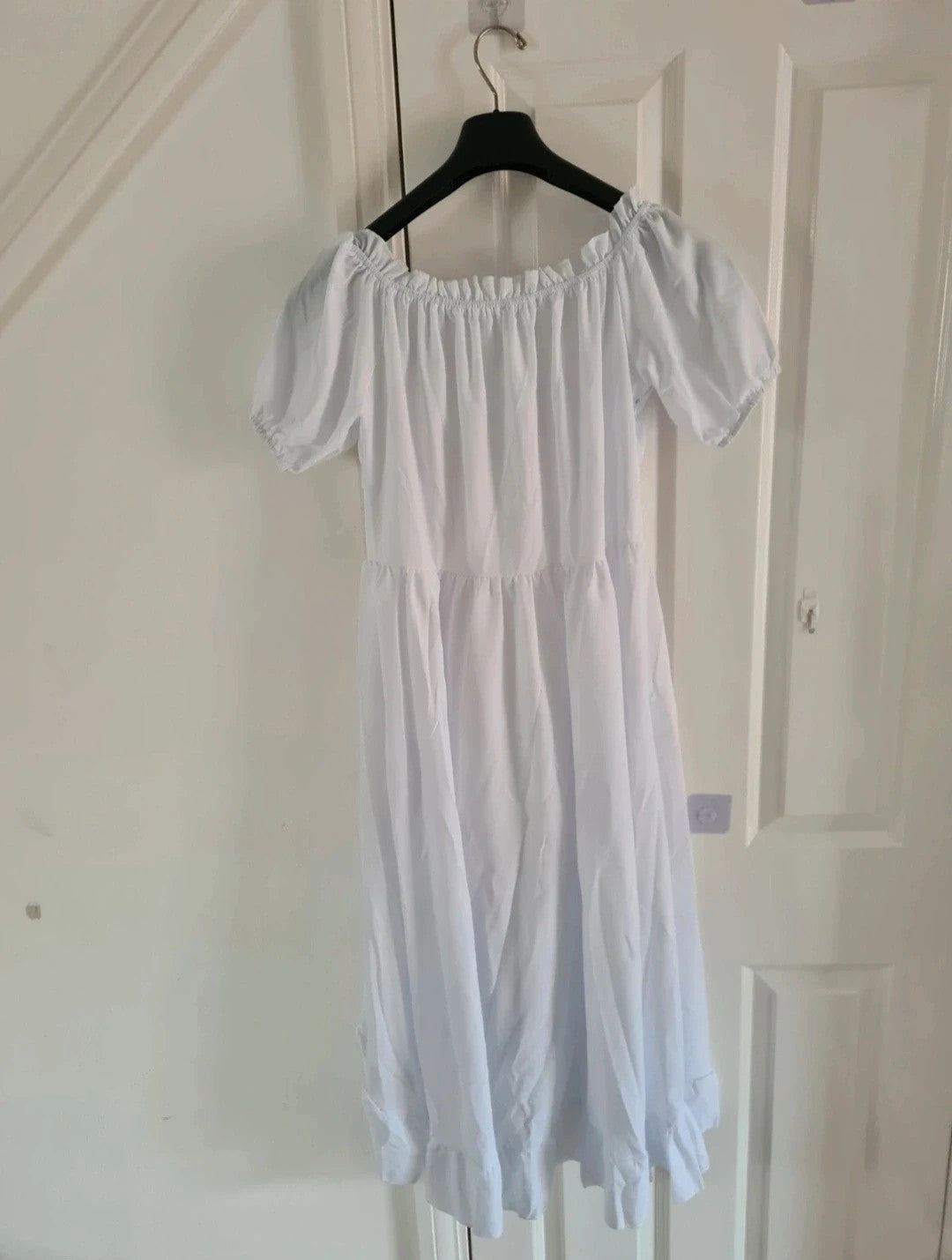Shein women white midi dress drawstring split hem puff sleeve square neck holiday beach L/12
