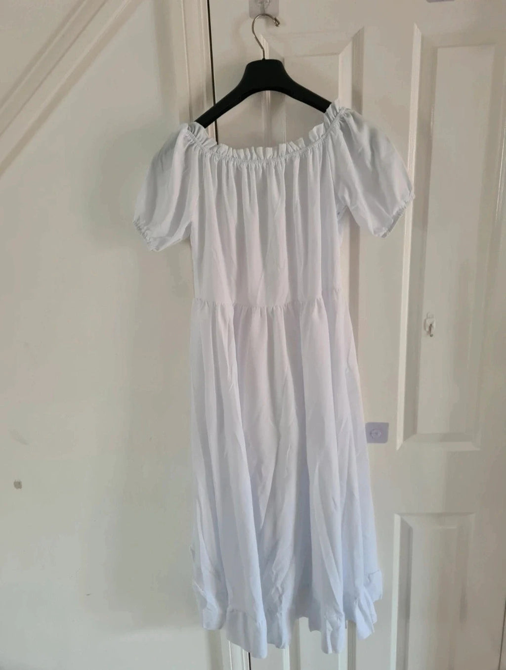 Shein women white midi dress drawstring split hem puff sleeve square neck holiday beach L/12