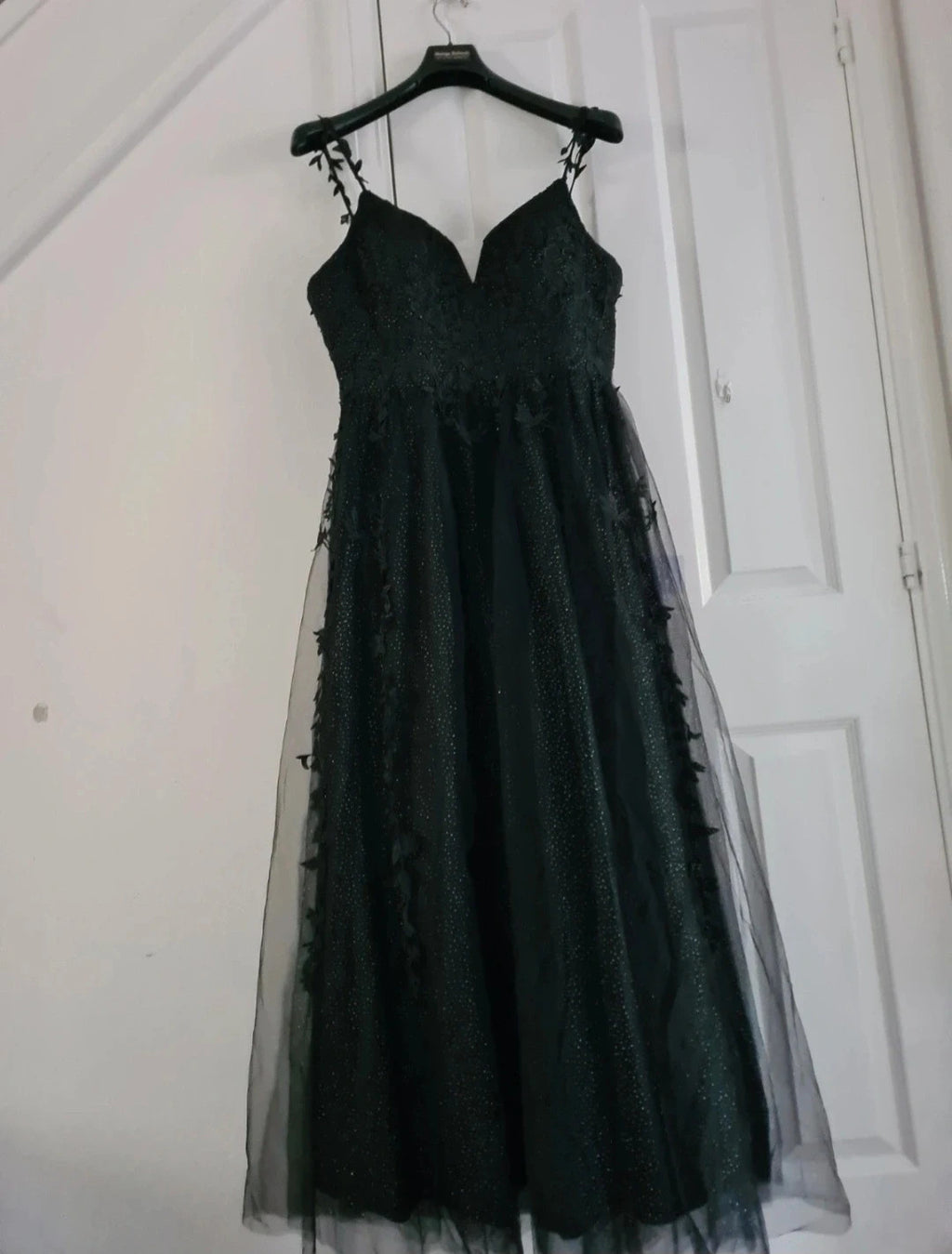 Generic women black long dress sleeveless glitter detail sweatheart neckline floral lace XL/14