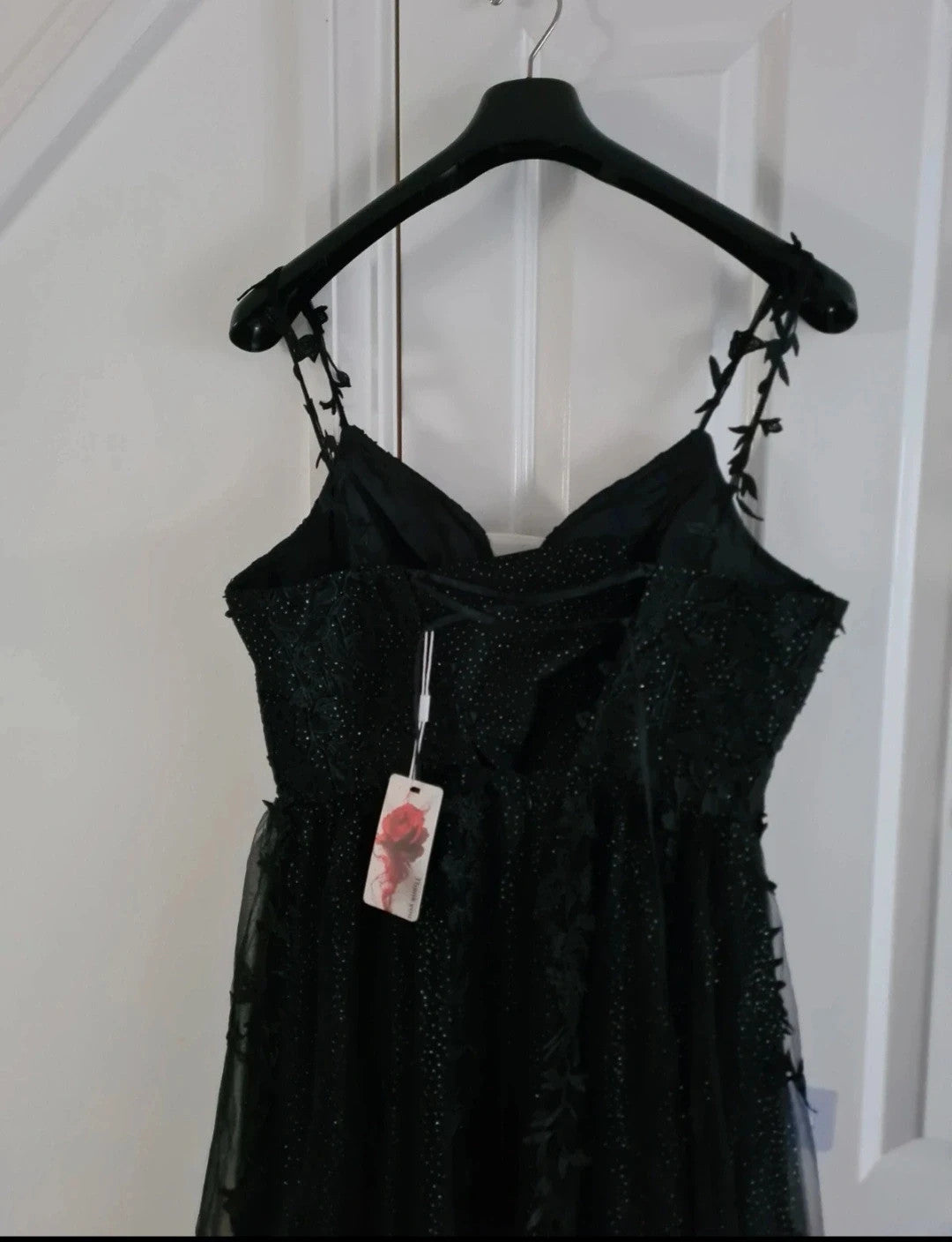 Generic women black long dress sleeveless glitter detail sweatheart neckline floral lace XL/14