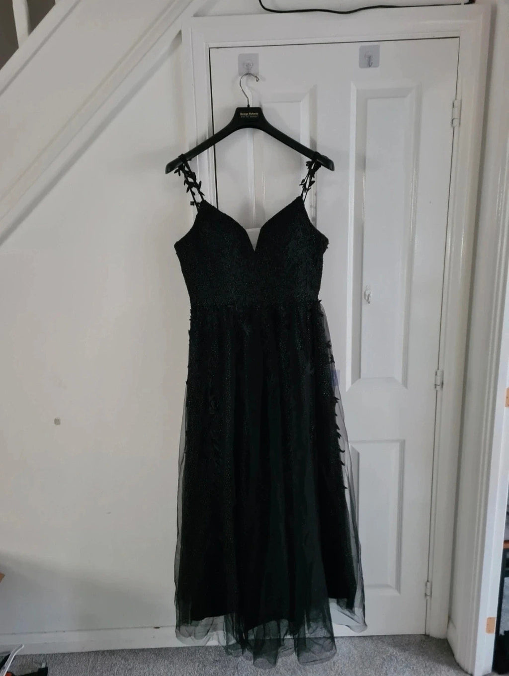 Generic women black long dress sleeveless glitter detail sweatheart neckline floral lace XL/14