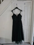 Generic women black long dress sleeveless glitter detail sweatheart neckline floral lace XL/14