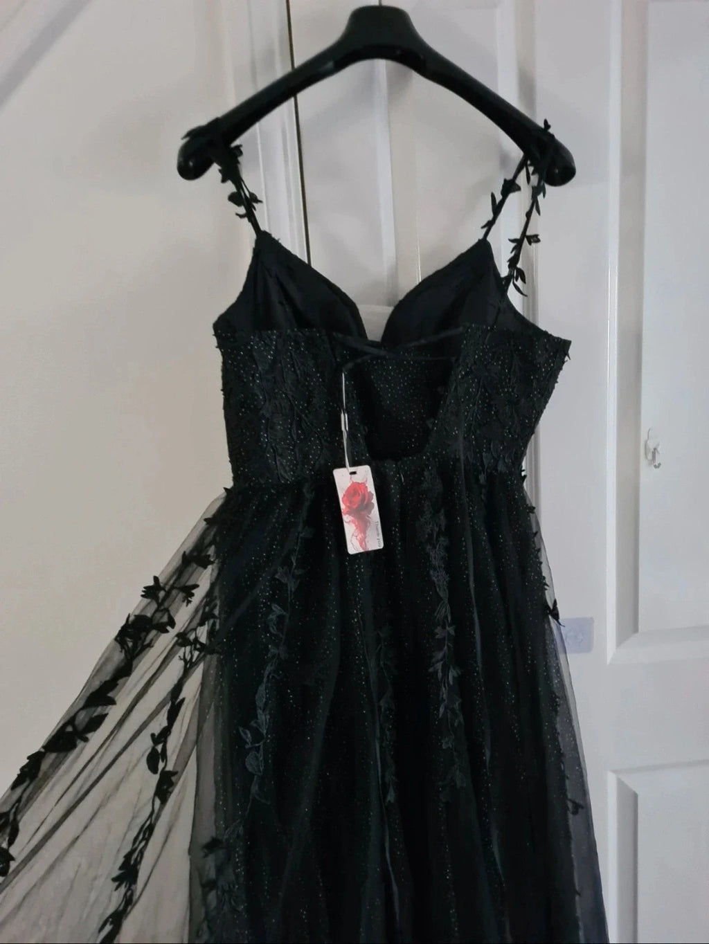 Generic women black long dress sleeveless glitter detail sweatheart neckline floral lace XL/14