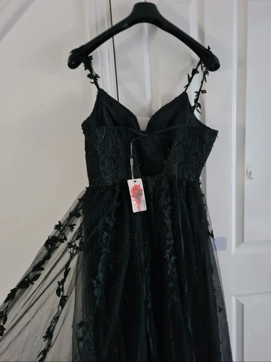 Generic women black long dress sleeveless glitter detail sweatheart neckline floral lace XL/14