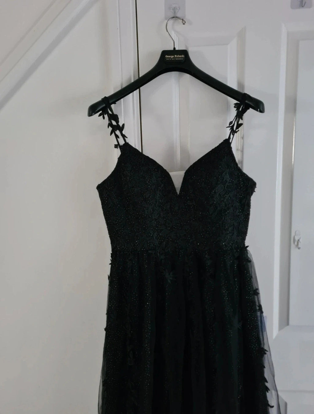 Generic women black long dress sleeveless glitter detail sweatheart neckline floral lace XL/14