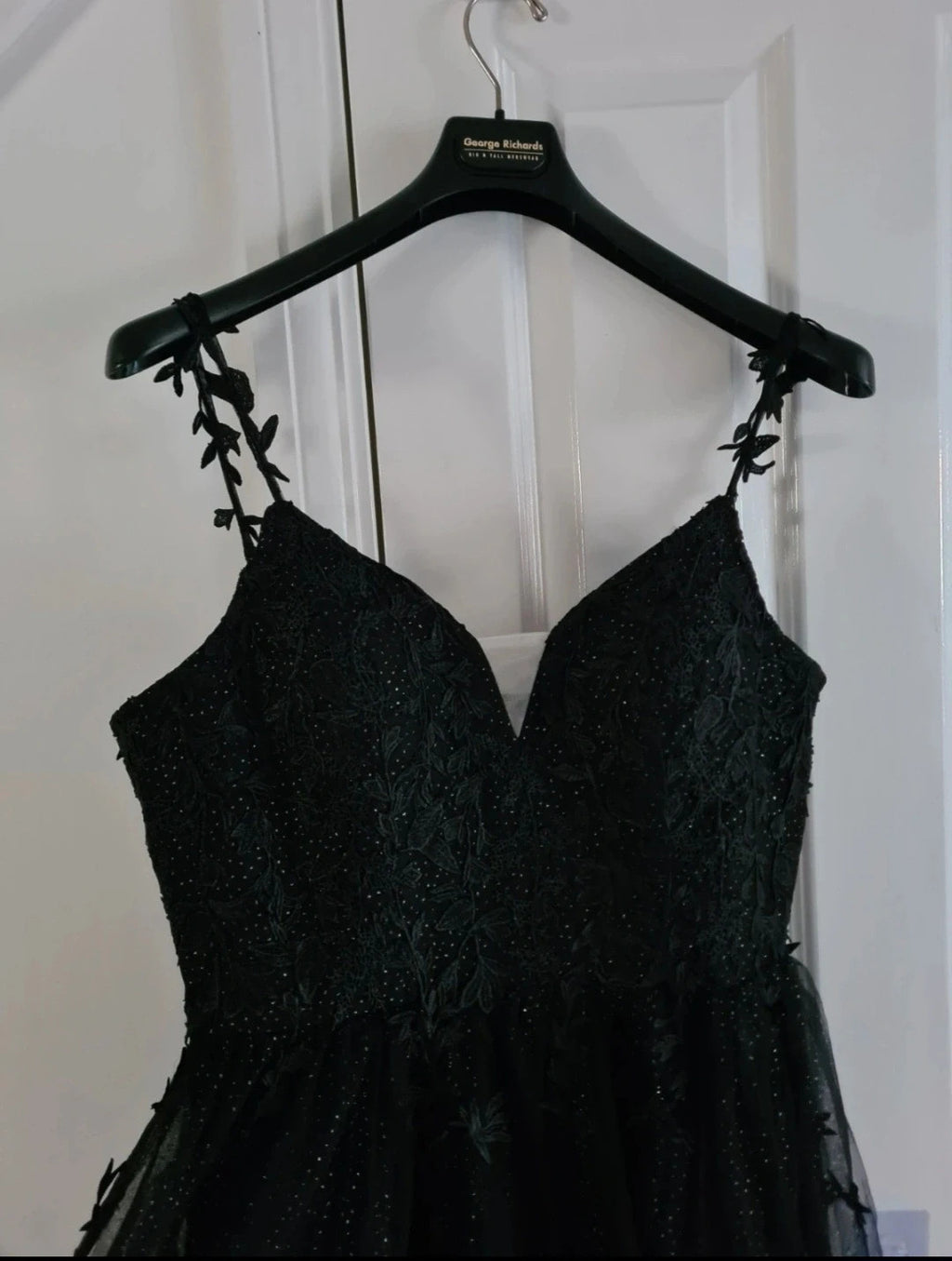Generic women black long dress sleeveless glitter detail sweatheart neckline floral lace XL/14
