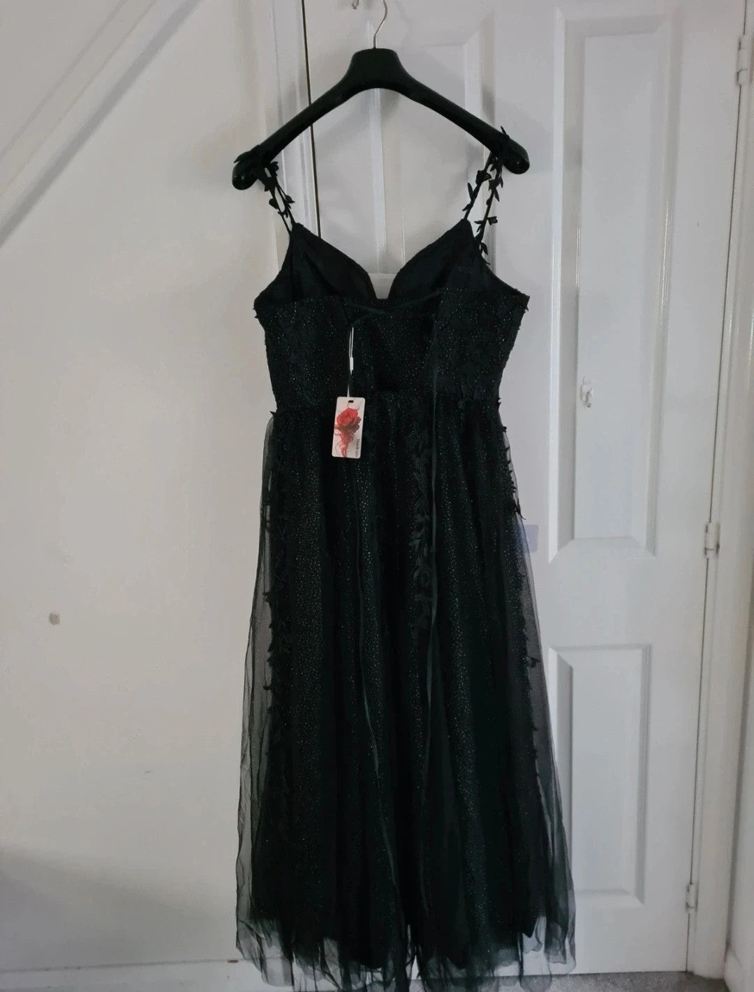 Generic women black long dress sleeveless glitter detail sweatheart neckline floral lace XL/14