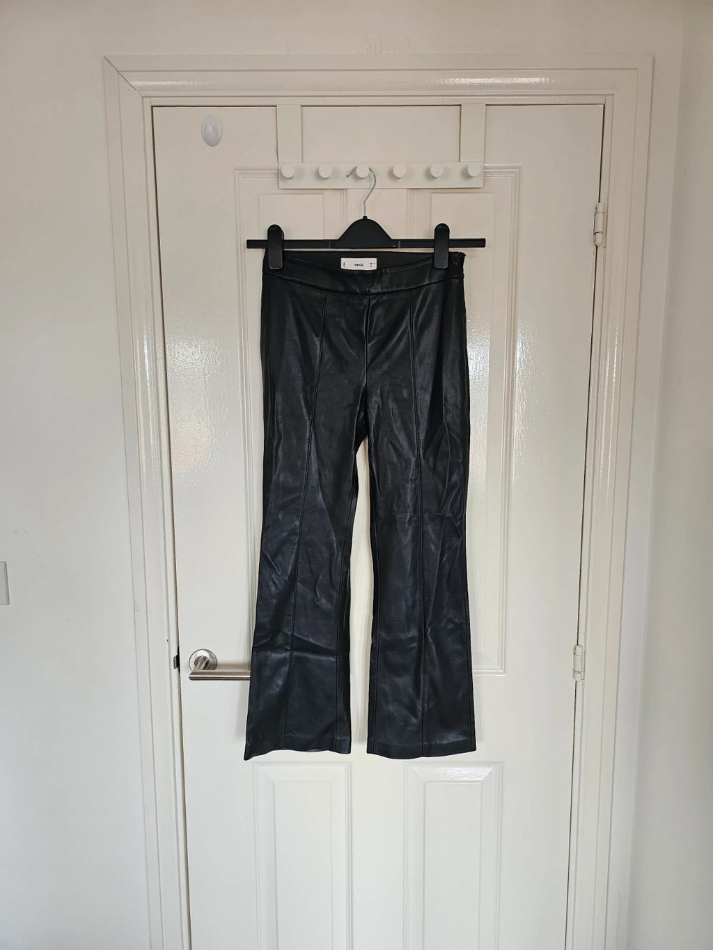 Mango faux leather flared trousers women seam detail zip side straight leg black XS/6/8