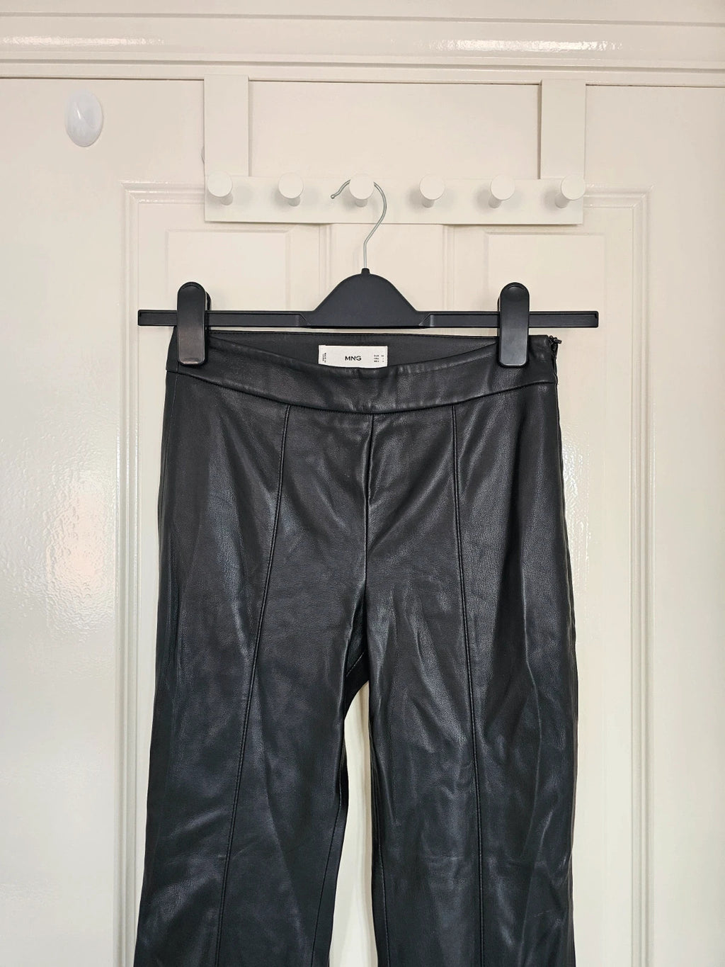 Mango faux leather flared trousers women seam detail zip side straight leg black XS/6/8