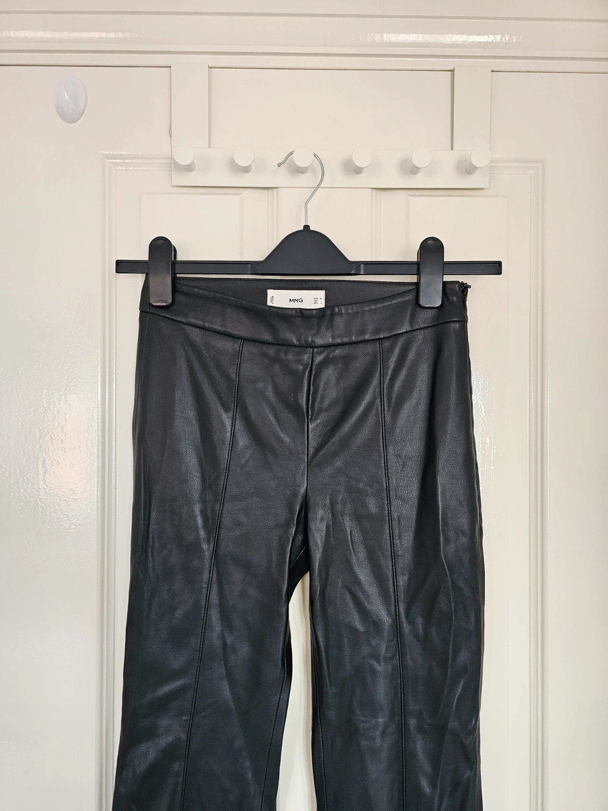 Mango faux leather flared trousers women seam detail zip side straight leg black XS/6/8