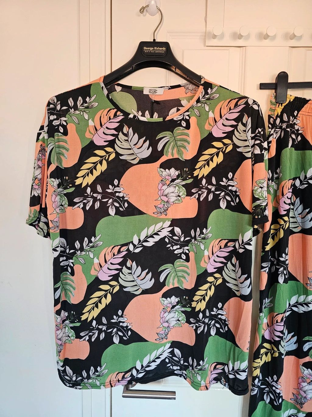 Generic women co-ord relaxed set short sleeve T-shirt & trousers elastic waist leaf floral 12/18