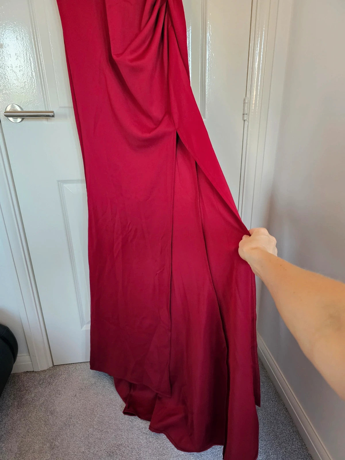 Adyce one shoulder cross maxi dress women V-neck pleated long ribbon high split weeding red M/10