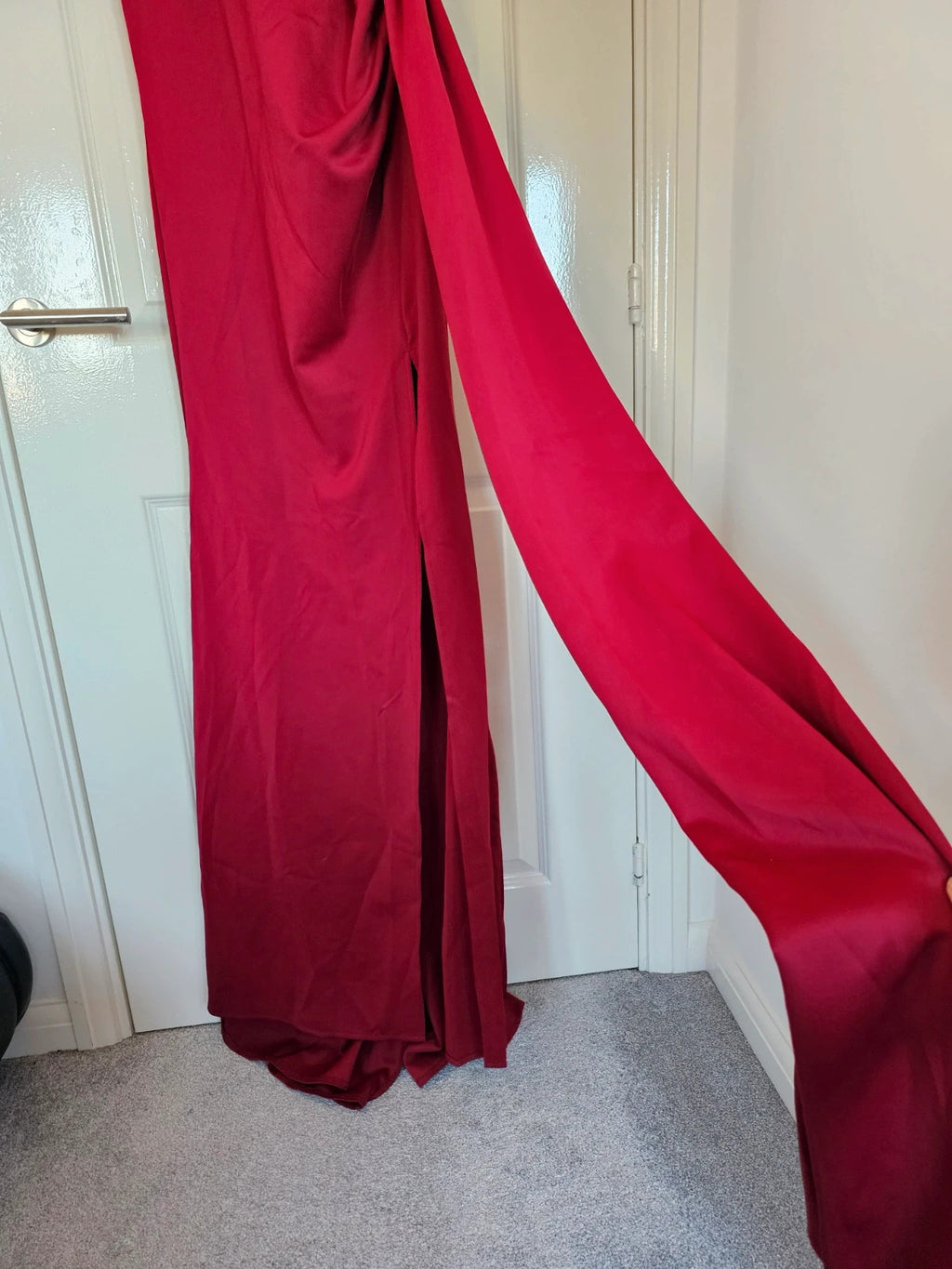 Adyce one shoulder cross maxi dress women V-neck pleated long ribbon high split weeding red M/10