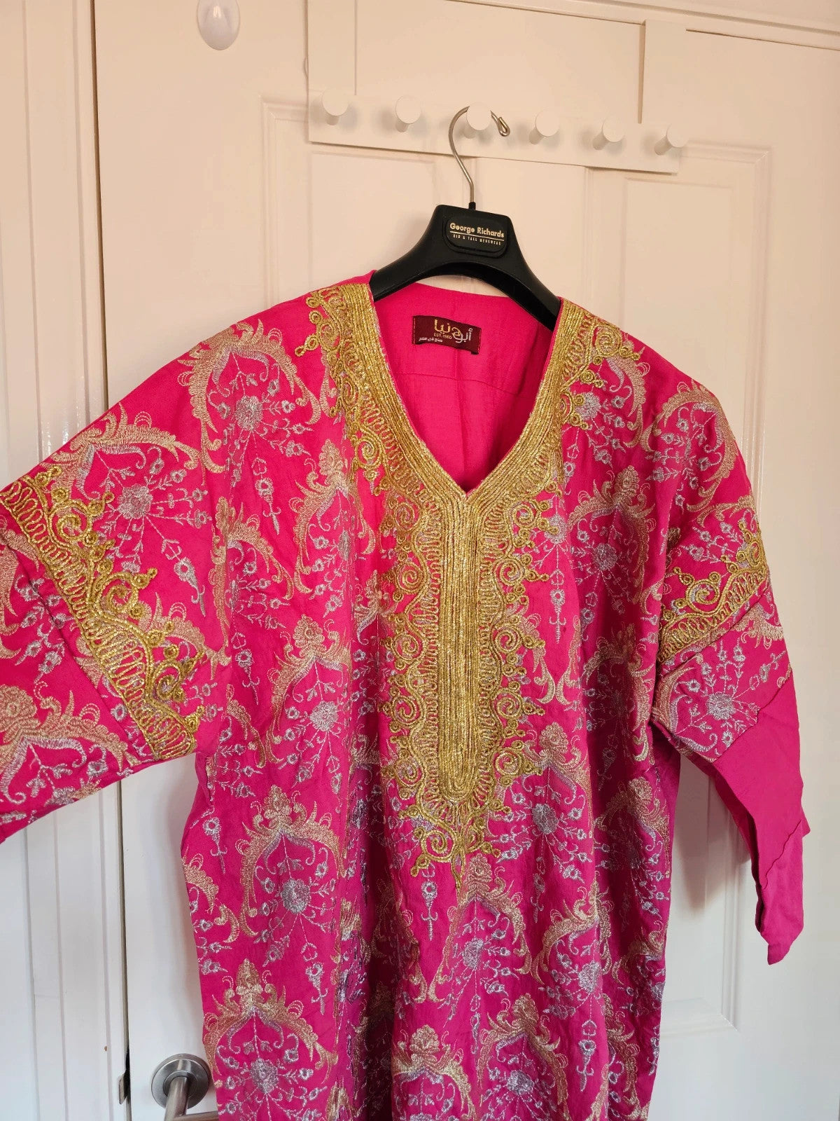 Abou Donia women Dubai African Arabia long kaftan 3/4 sleeve V-neck gold embroidered pink 3XL/18