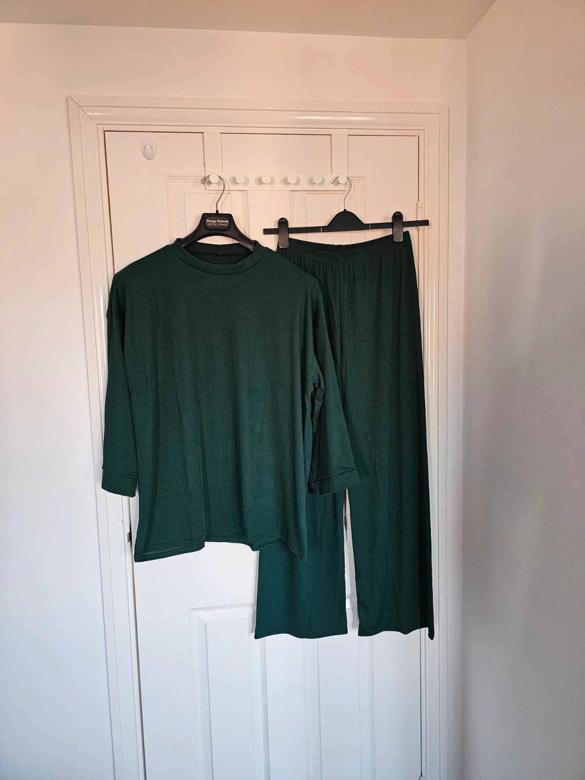 Generic women textured knit co-ord set relaxed jumper trousers wide straight dark green one size