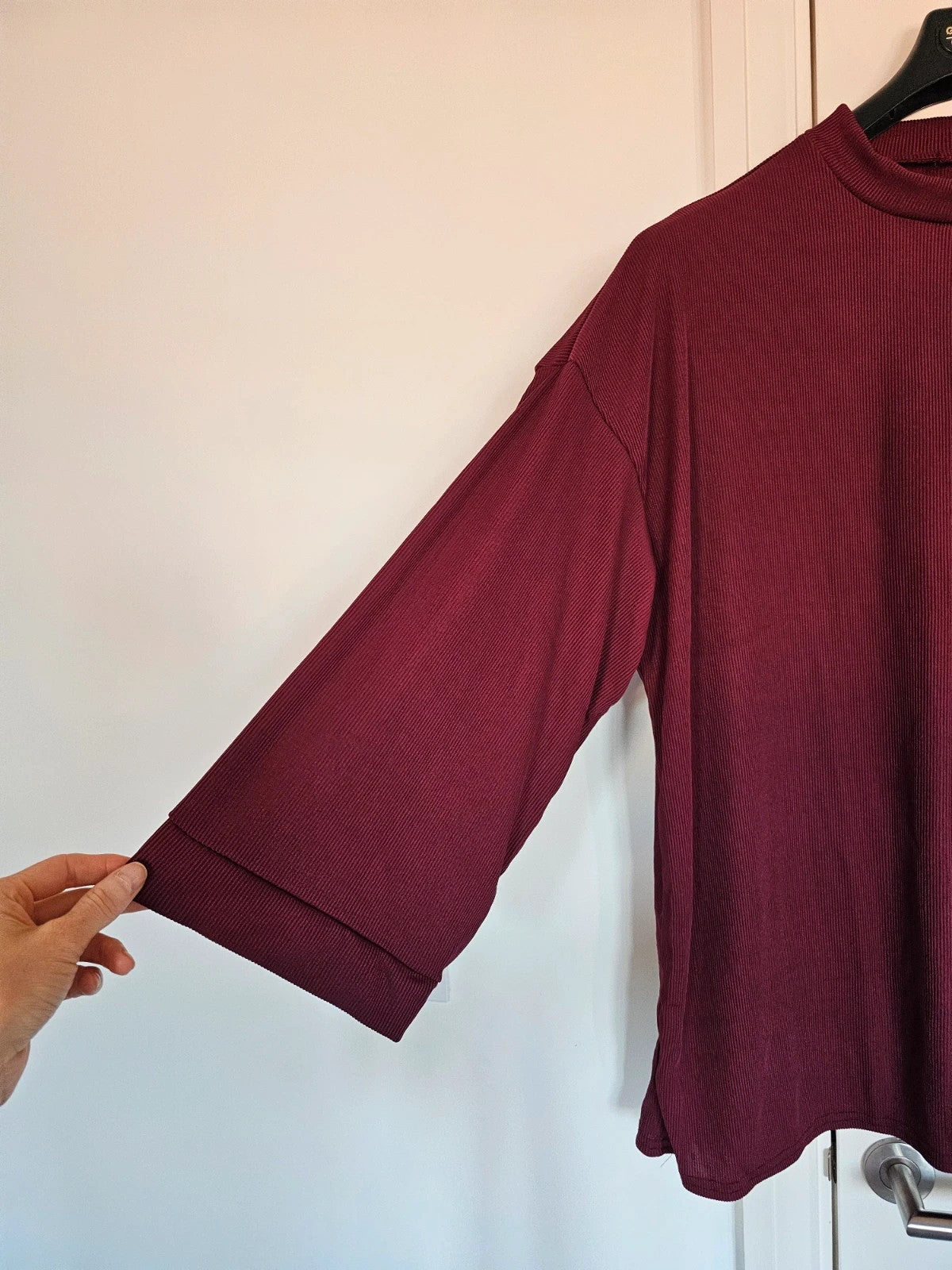 Generic women textured knit co-ord set jumper trousers wide straight leg burgundy casual one size
