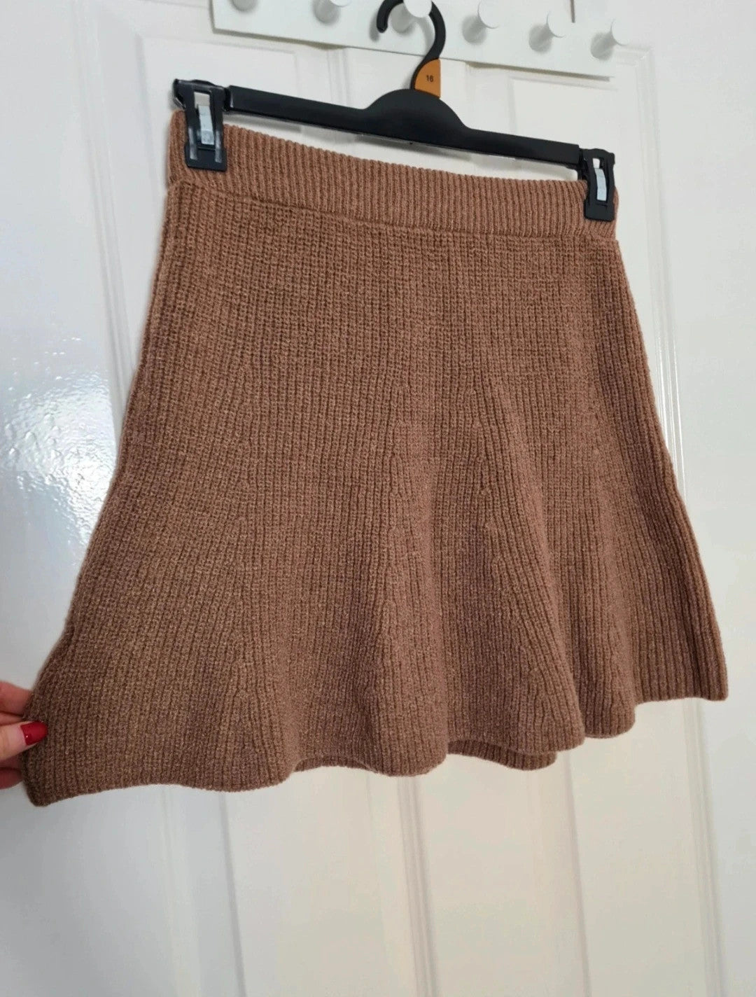Shein women brown 2pcs set turtleneck cardigan sweater A-line mini skirt knit rib thick M/10-12