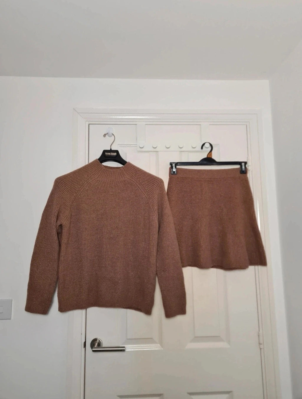Shein women brown 2pcs set turtleneck cardigan sweater A-line mini skirt knit rib thick M/10-12