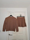 Shein women brown 2pcs set turtleneck cardigan sweater A-line mini skirt knit rib thick M/10-12