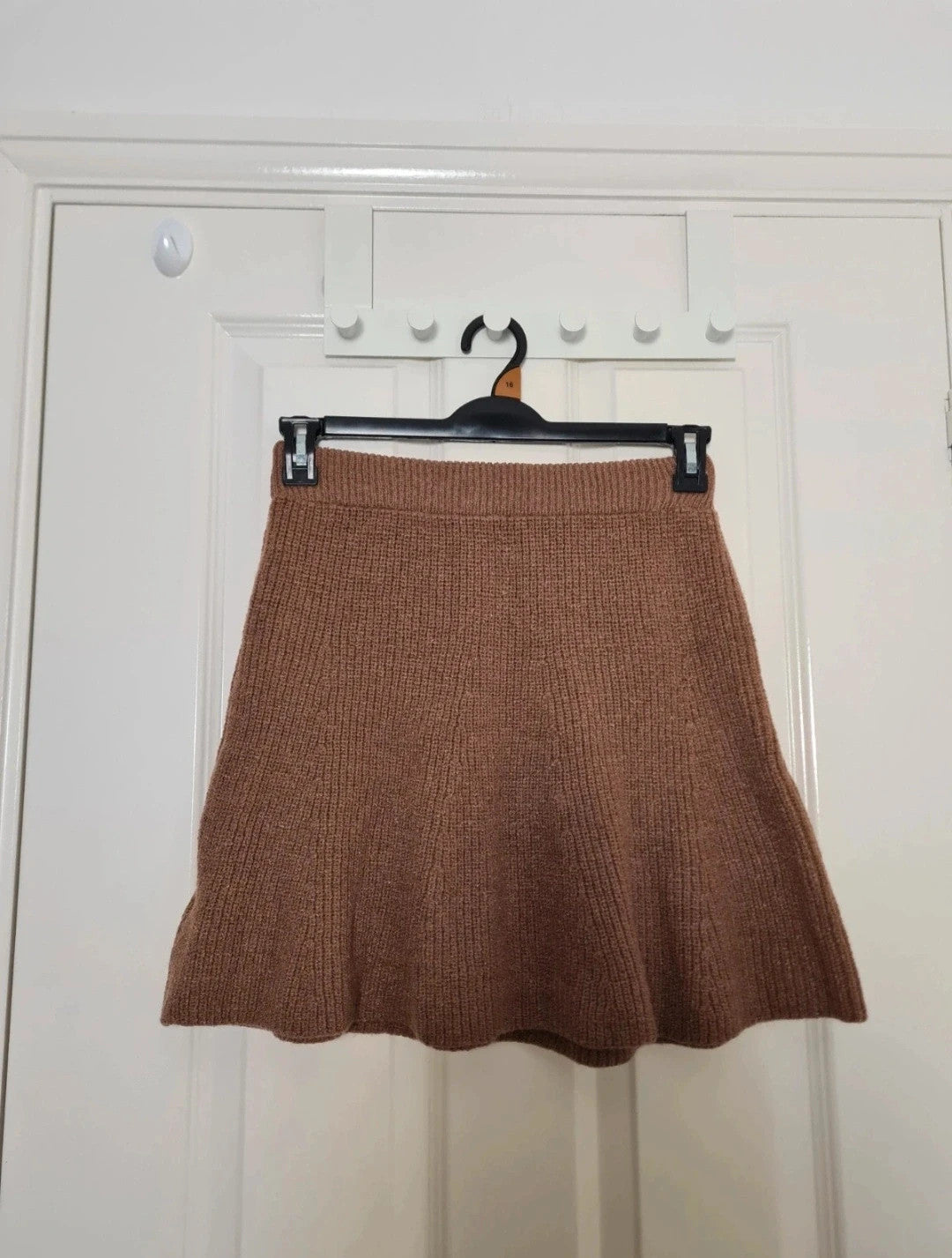 Shein women brown 2pcs set turtleneck cardigan sweater A-line mini skirt knit rib thick M/10-12