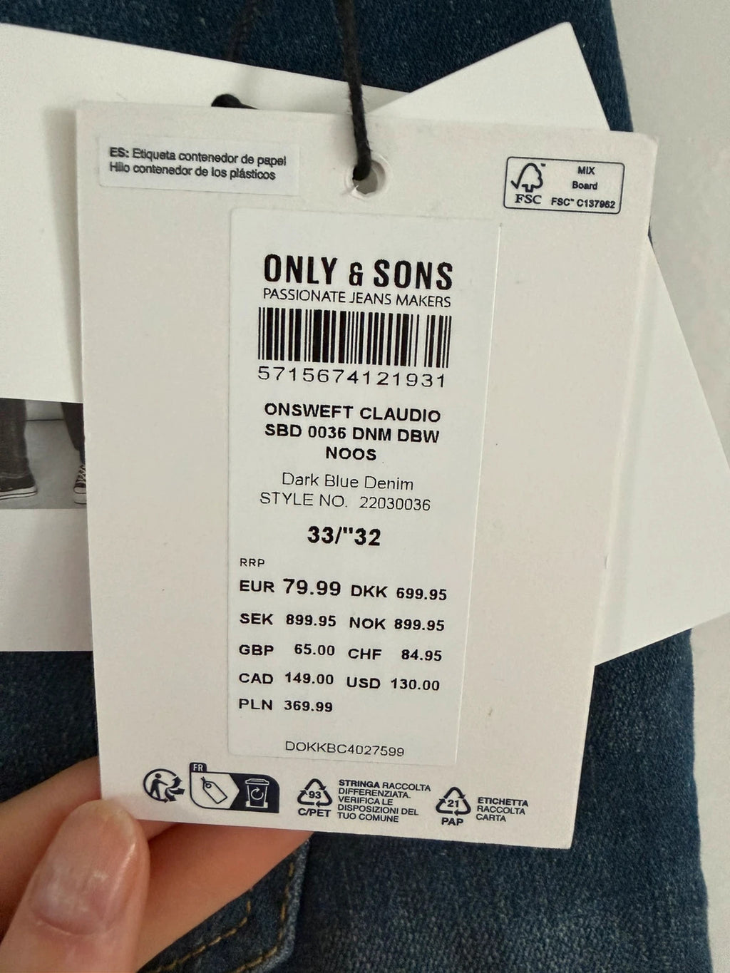 Only & sons onsweft regular straight leg jeans men cotton mid rise dark blue denim trousers W33L32